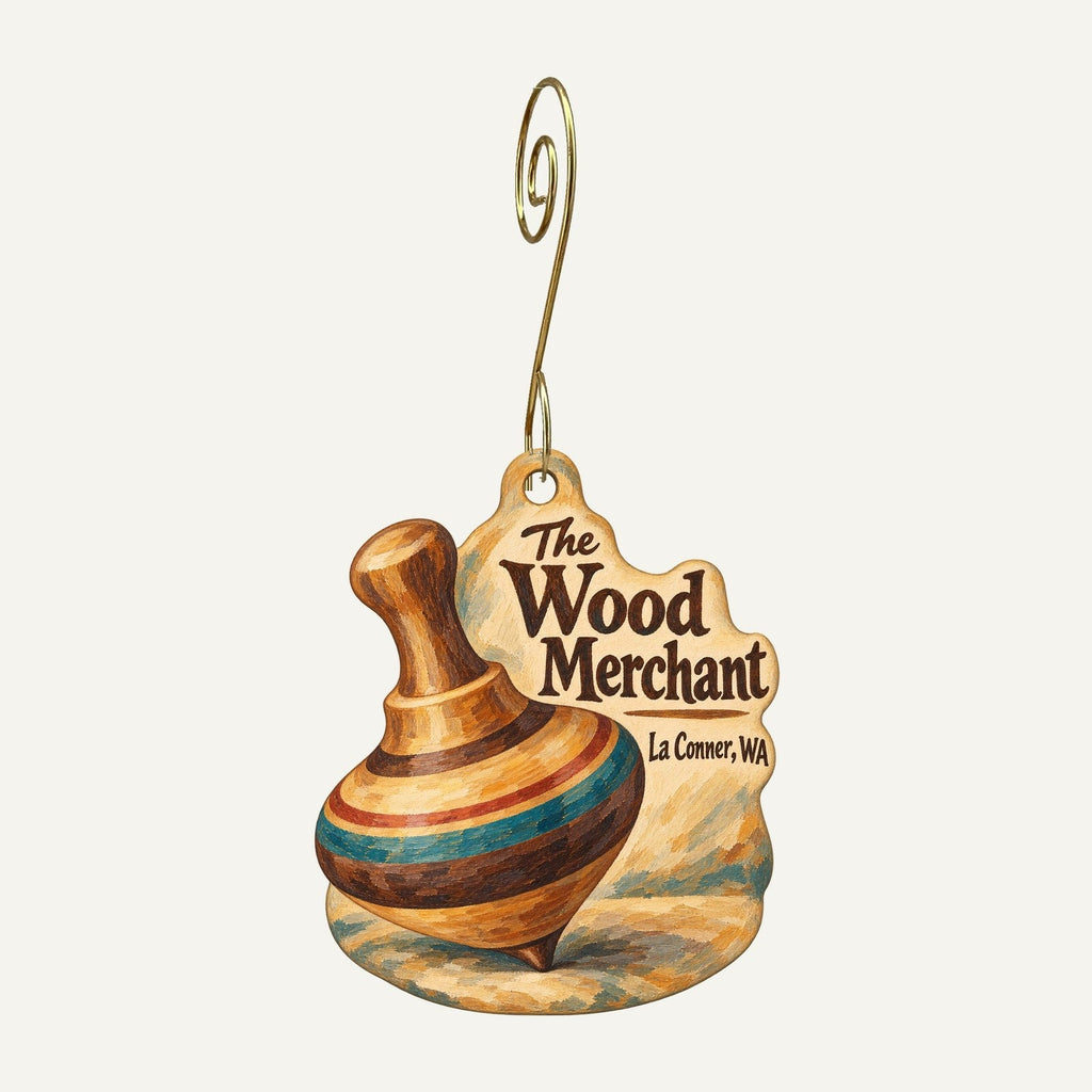 The Wood Merchant Logo custom wood ornament OC125 hanging on hook