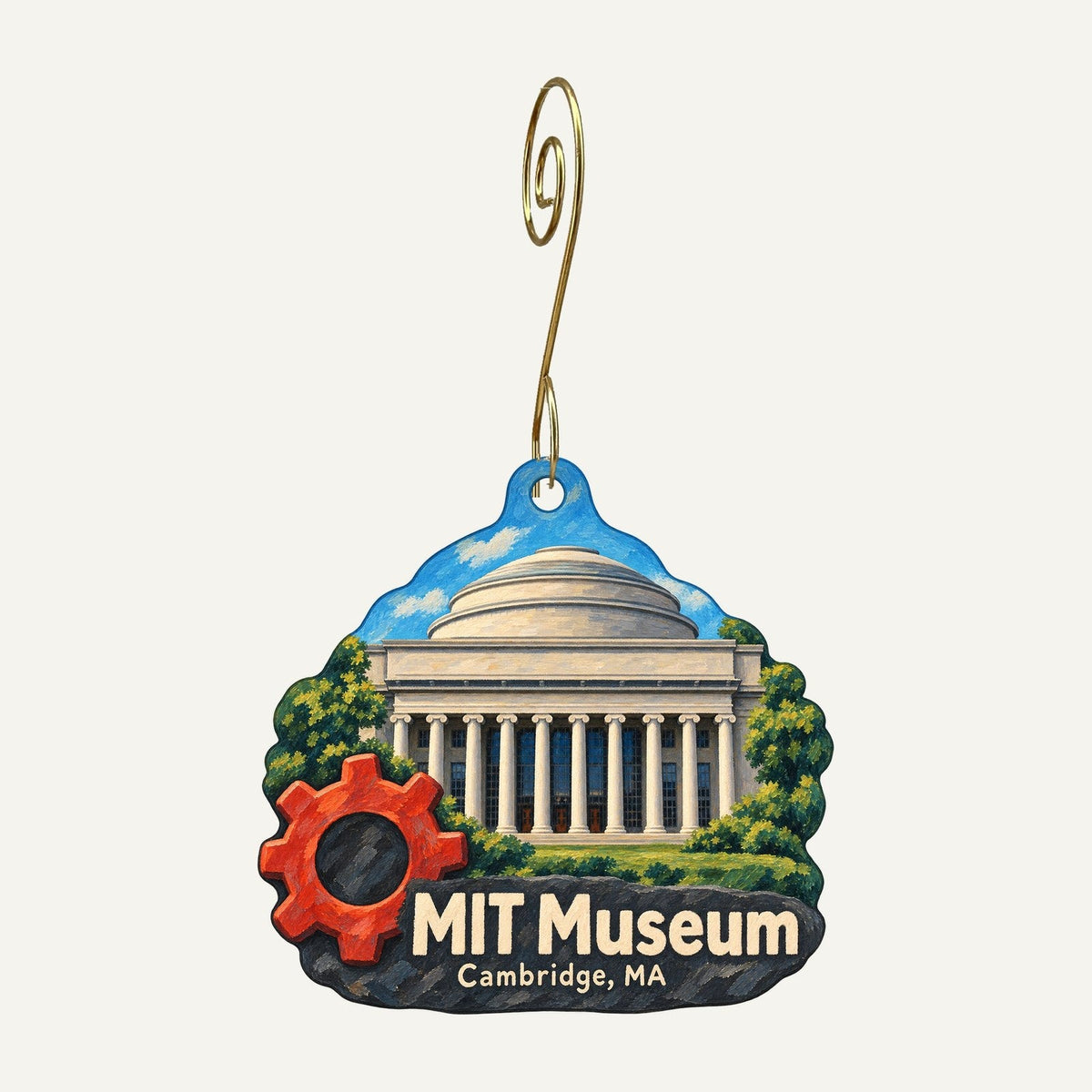 MIT Museum Store Logo custom wood ornament OC1268 hanging on hook
