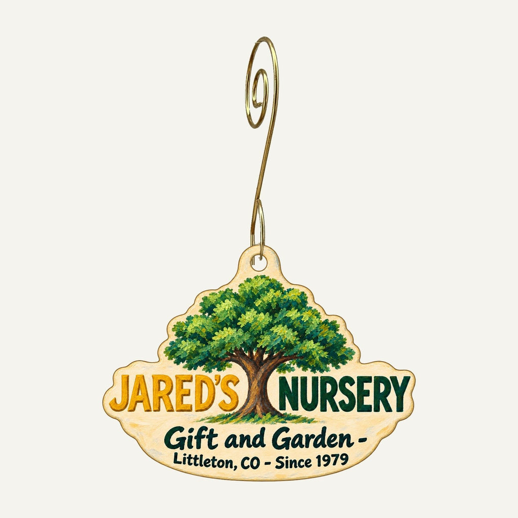 Jared's Nursery Gift and Garden Logo custom wood ornament OC1274 hanging on hook