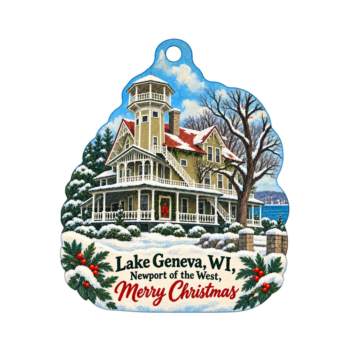 Safari Lake Geneva Christmas custom wood ornament OC1284 on white