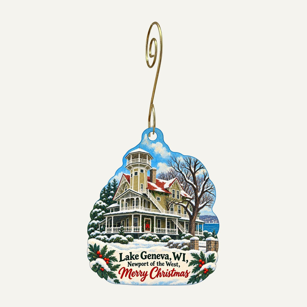 Safari Lake Geneva Christmas custom wood ornament OC1284 hanging on hook