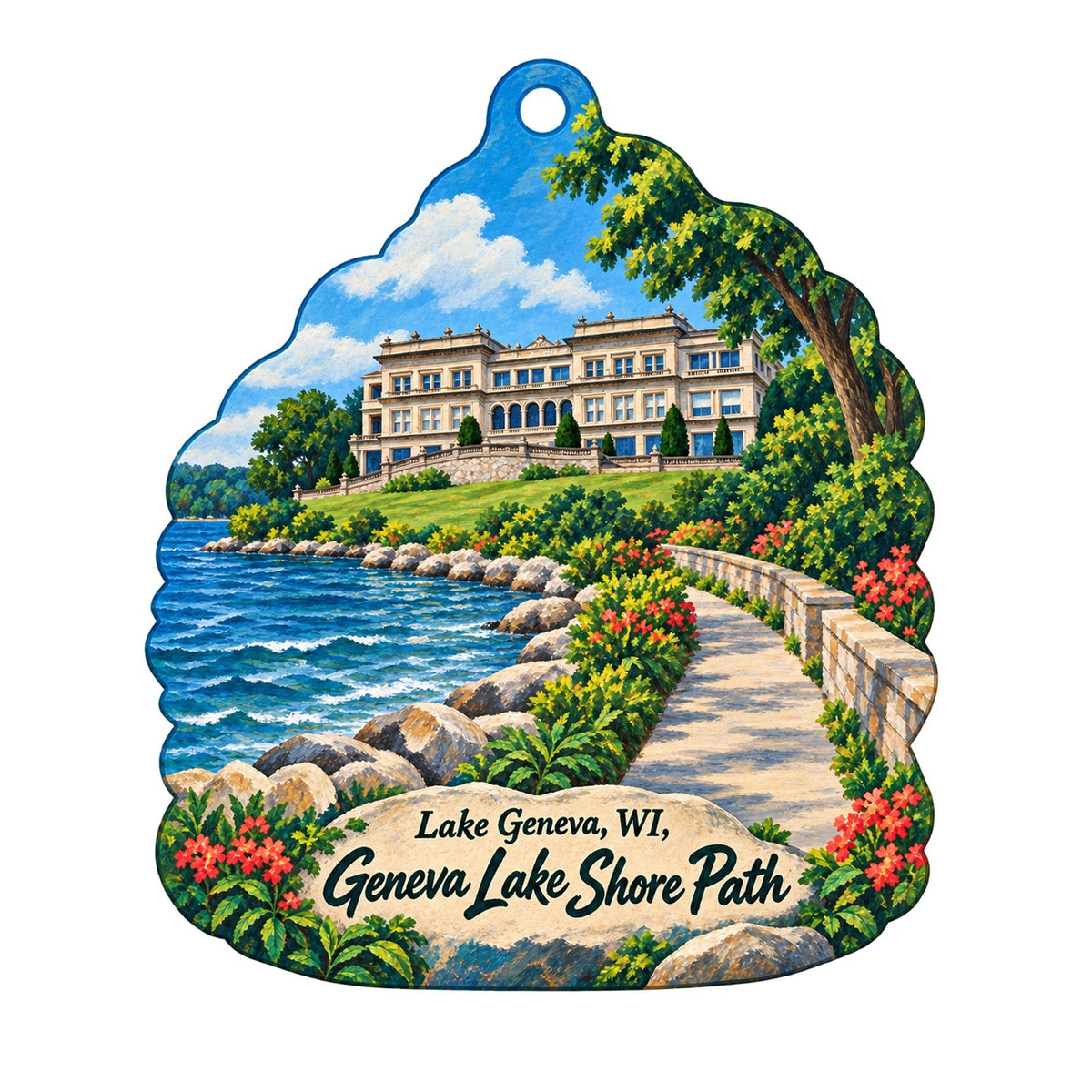 Safari Lake Geneva Town Icon custom wood ornament OC1285 on white