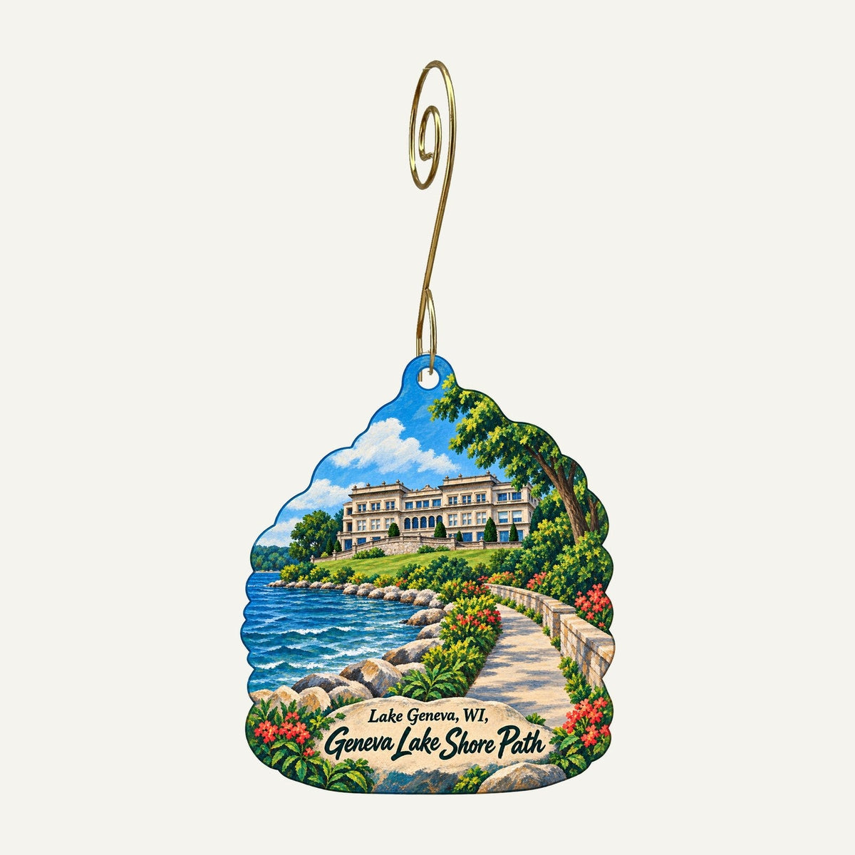 Safari Lake Geneva Town Icon custom wood ornament OC1285 hanging on hook