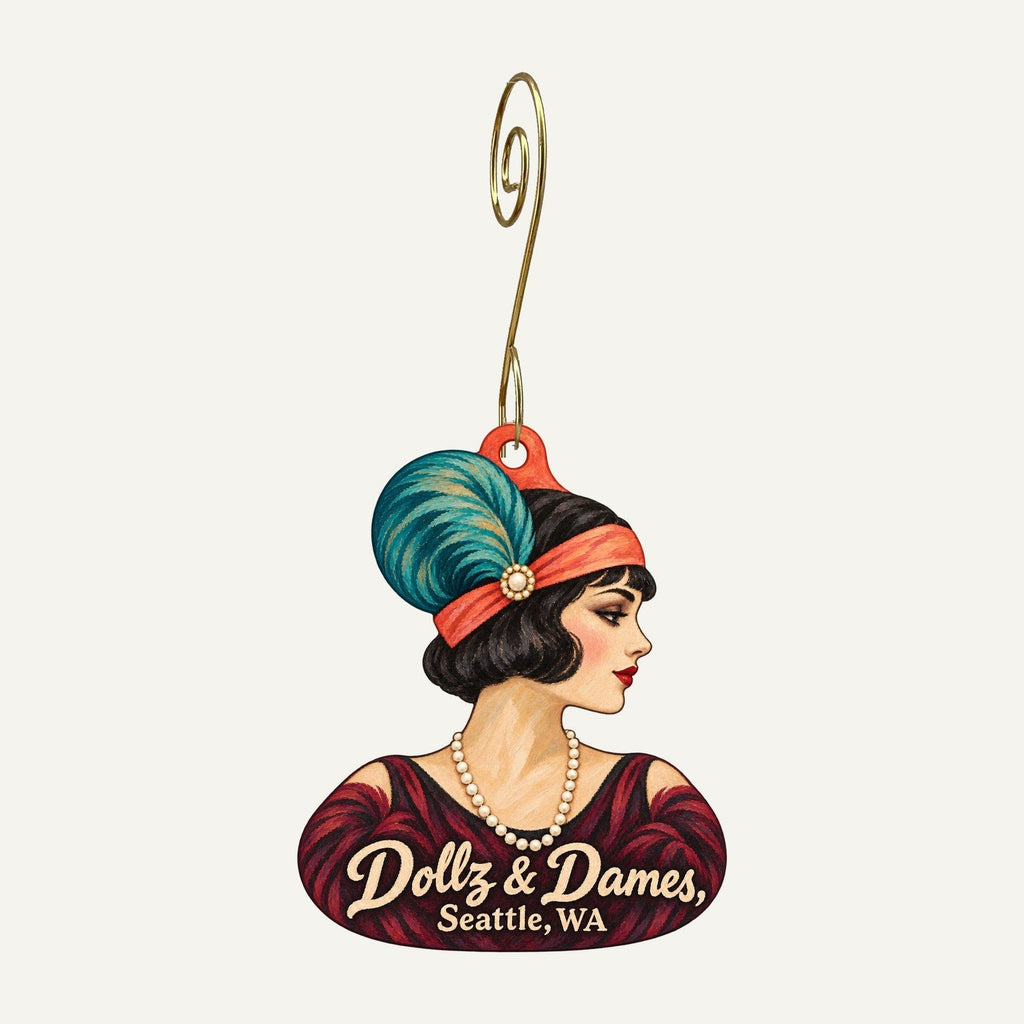 Dollz & Dames Logo custom wood ornament OC1295 hanging on hook