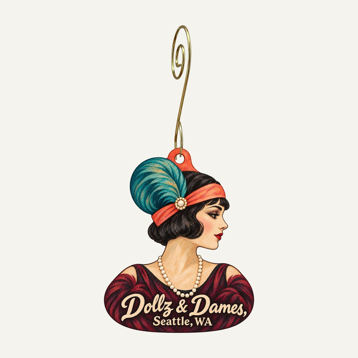 Dollz & Dames Logo custom wood ornament OC1295 hanging on hook