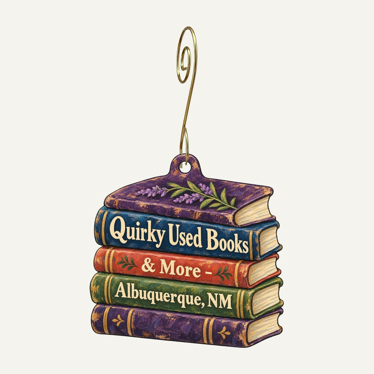 Quirky Used Books & More Logo custom wood ornament OC1301 hanging on hook