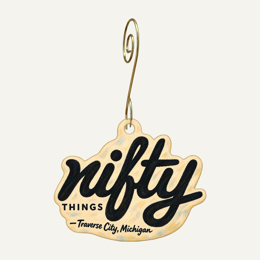 Nifty Things Logo custom wood ornament OC1331 hanging on hook