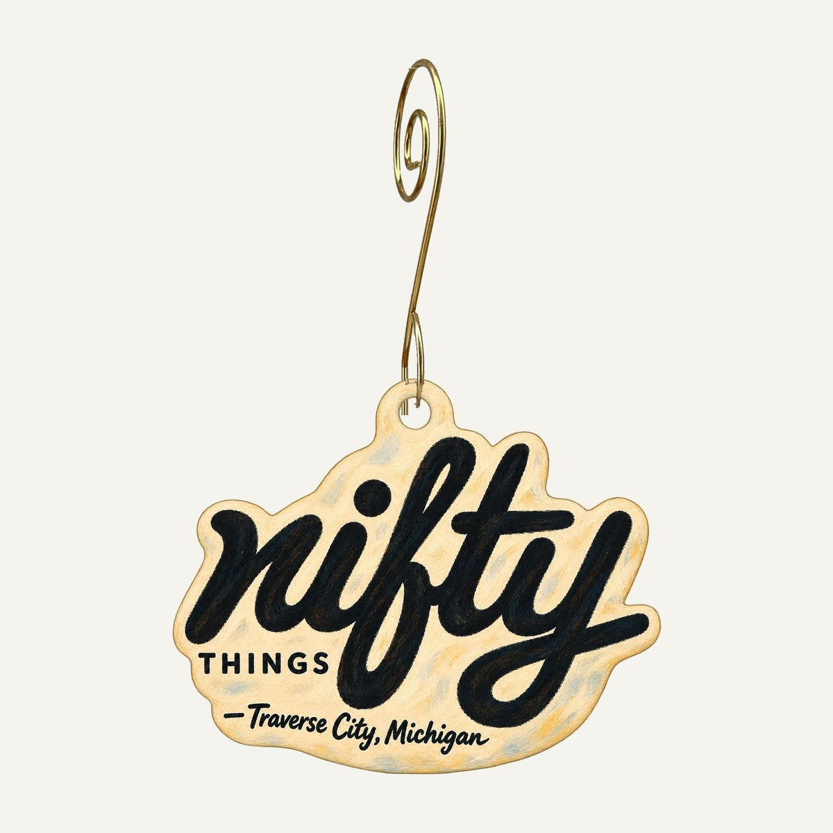 Nifty Things Logo custom wood ornament OC1331 hanging on hook