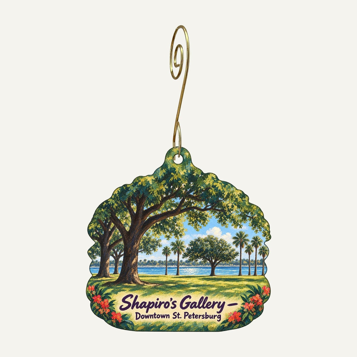 Shapiro's Gallery Logo custom wood ornament OC1334 hanging on hook