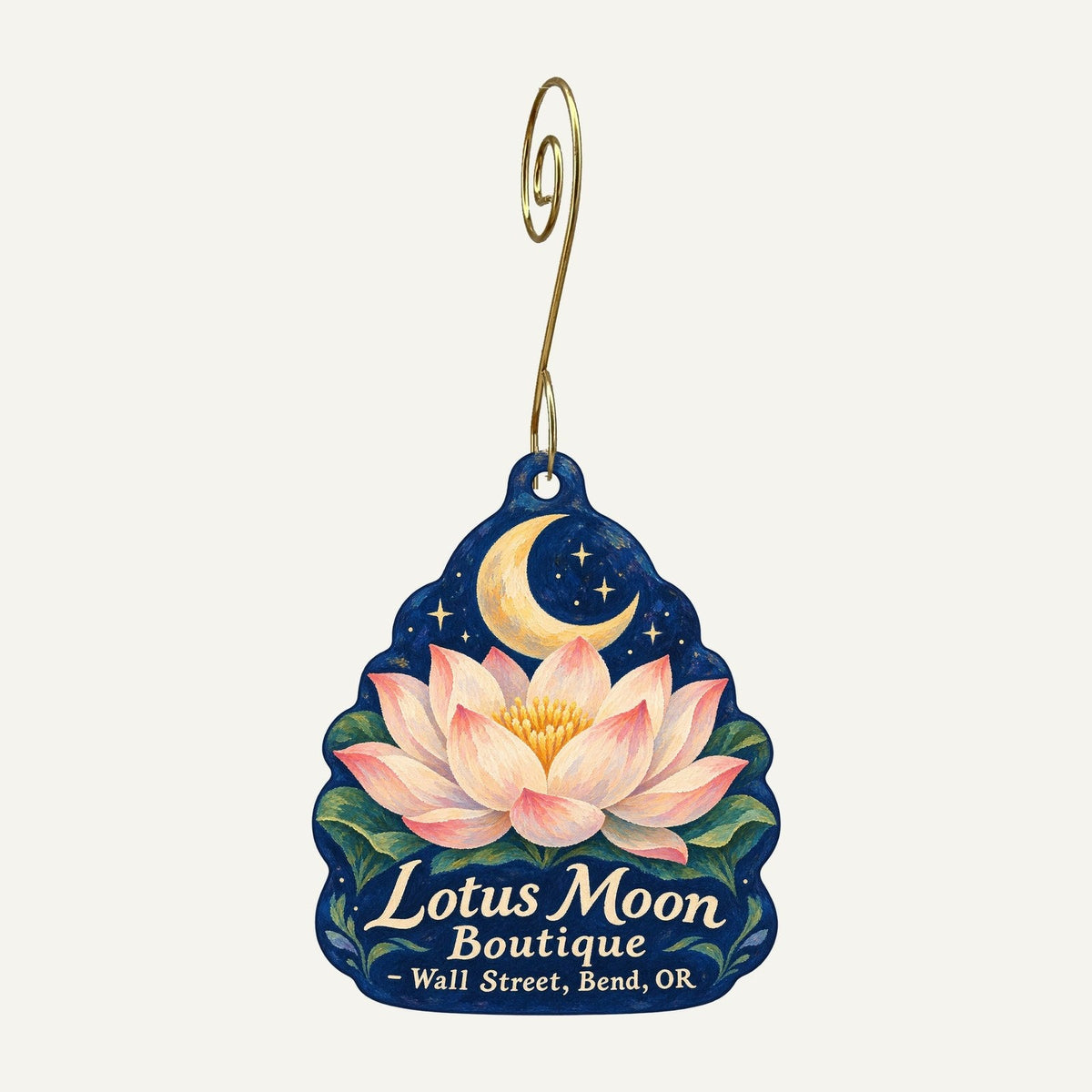 Lotus Moon Boutique Logo custom wood ornament OC1346 hanging on hook