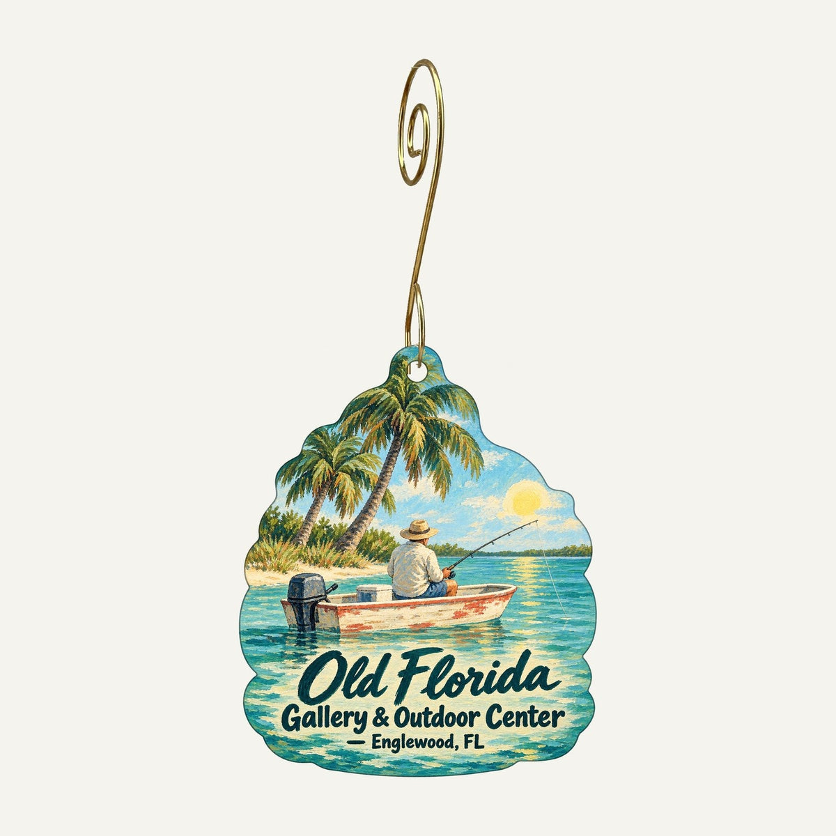 Old Florida Gallery & Outdoor Center Logo custom wood ornament OC1355 hanging on hook