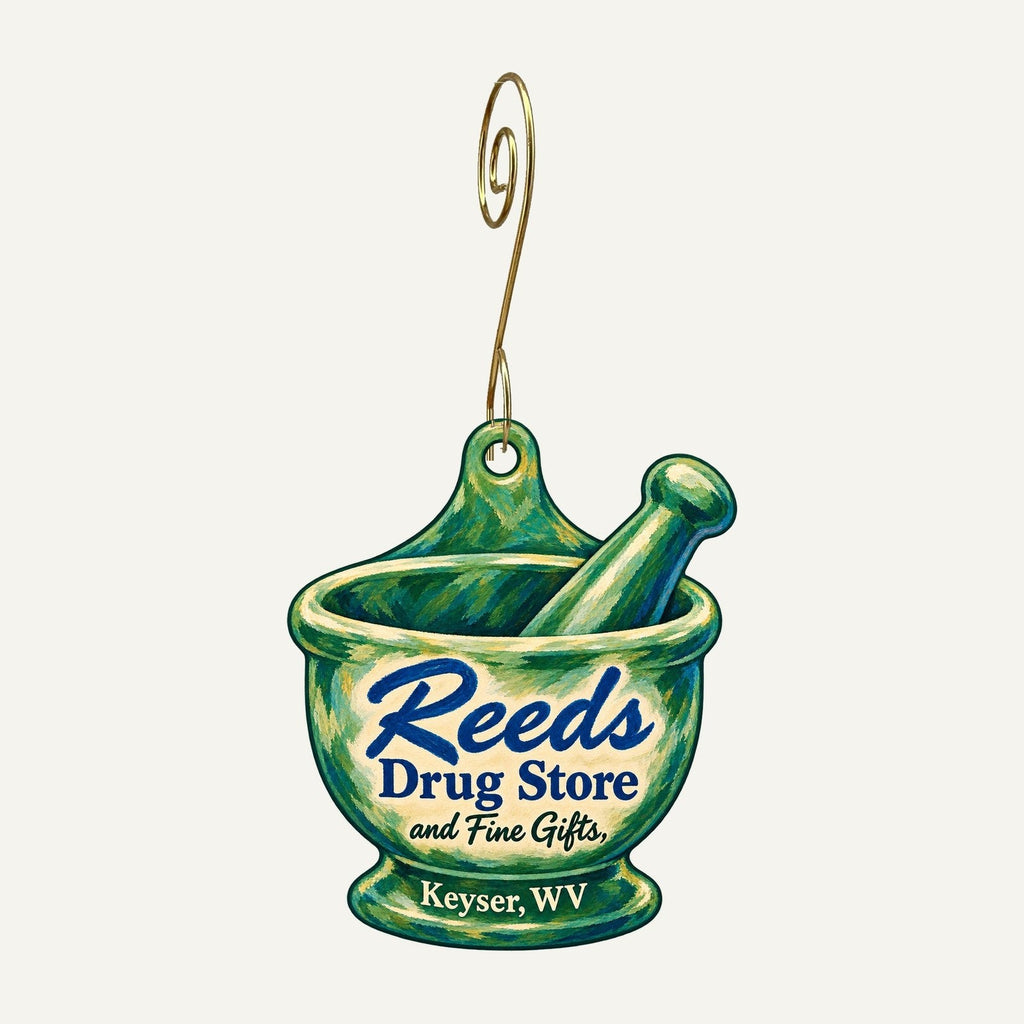 Reeds Drug Store and Fine Gifts Logo custom wood ornament OC1385 hanging on hook