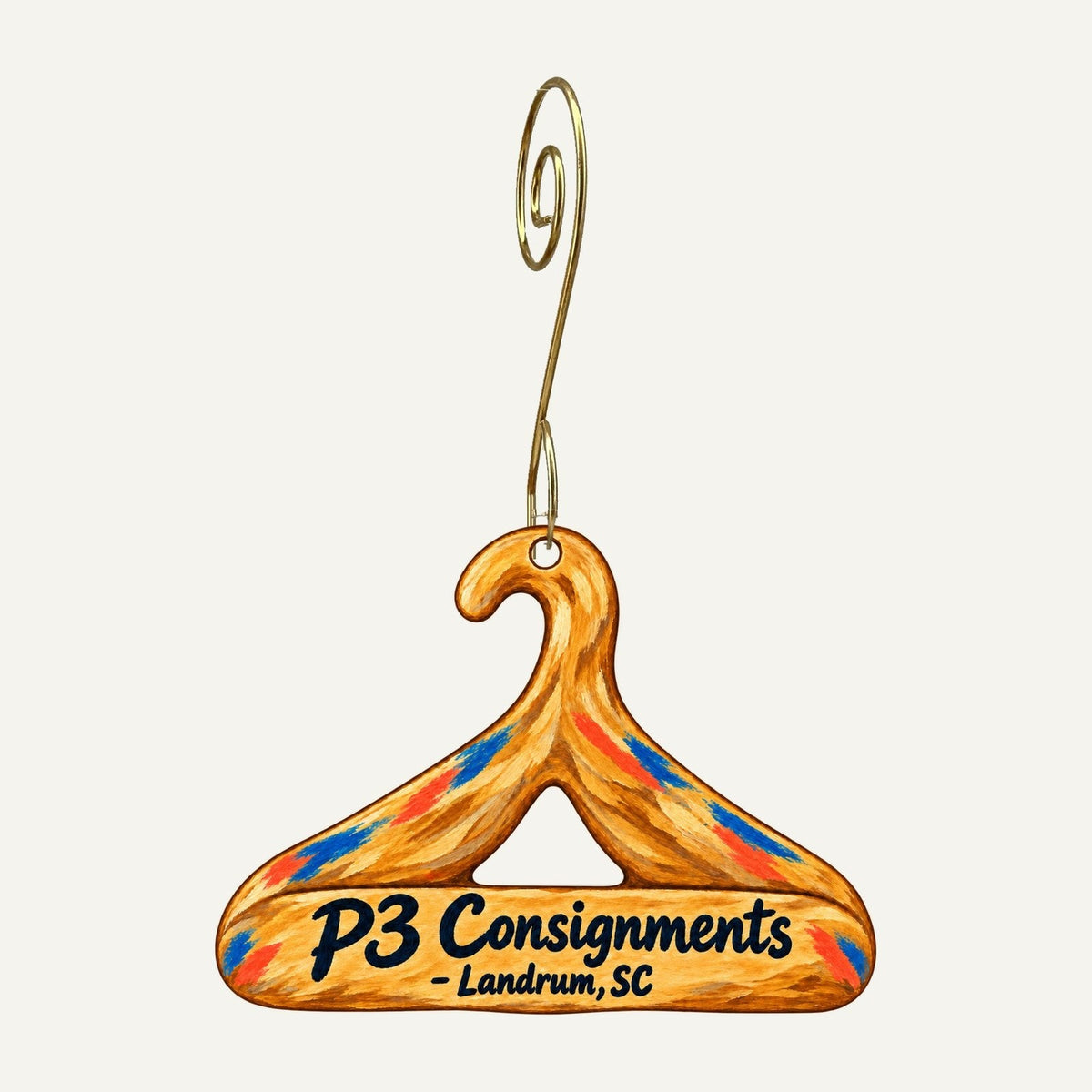 P3 Consignments Logo custom wood ornament OC1400 hanging on hook