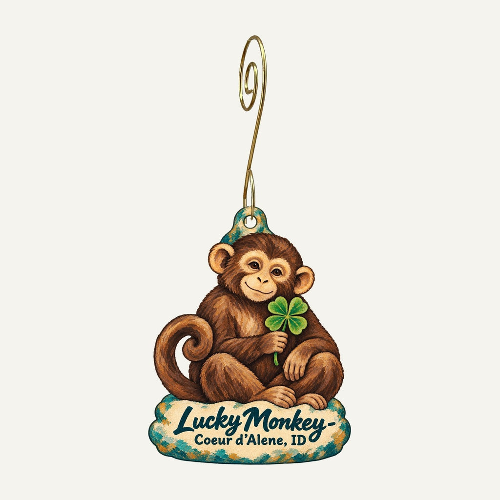 Lucky Monkey Logo custom wood ornament OC1403 hanging on hook