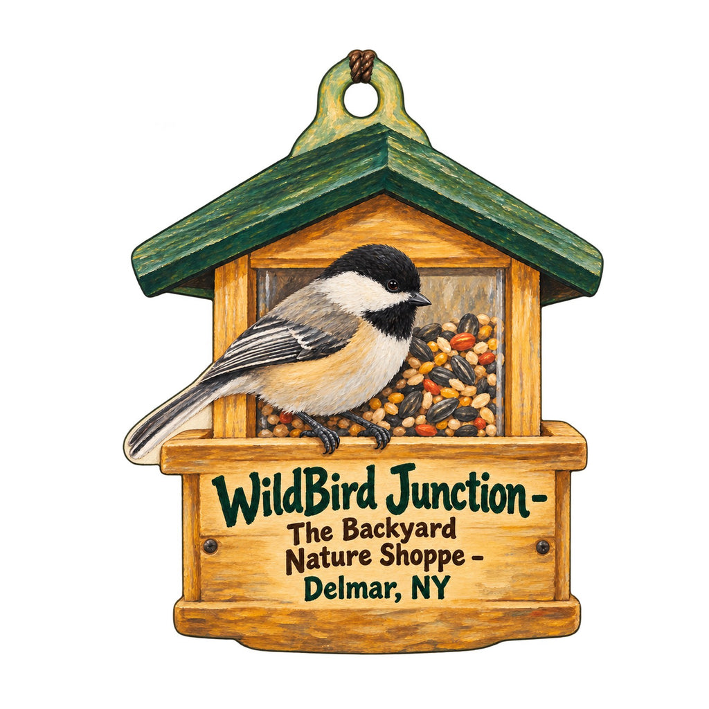 WildBird Junction - The Backyard Nature Shoppe Logo custom wood ornament OC1412 on white