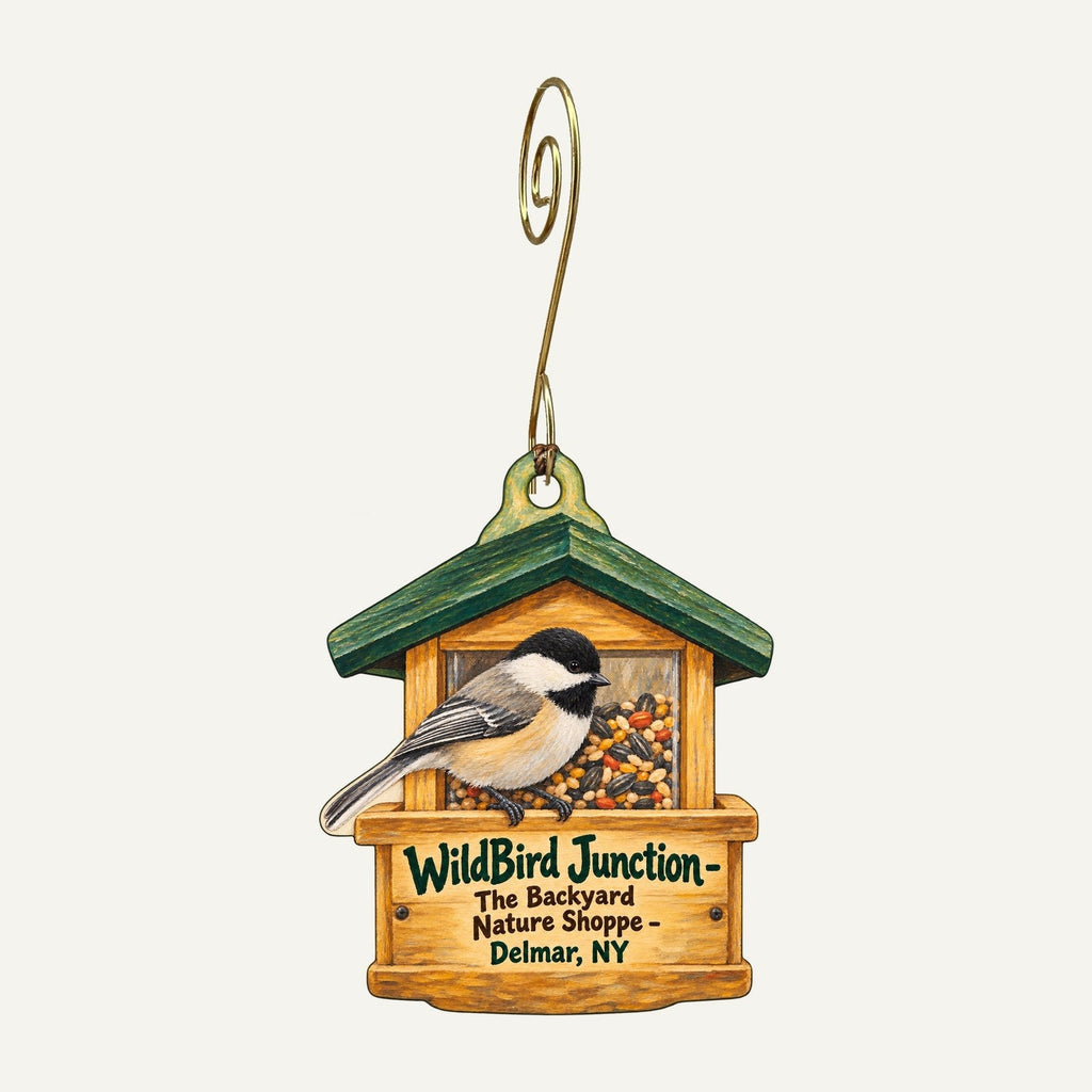 WildBird Junction - The Backyard Nature Shoppe Logo custom wood ornament OC1412 hanging on hook