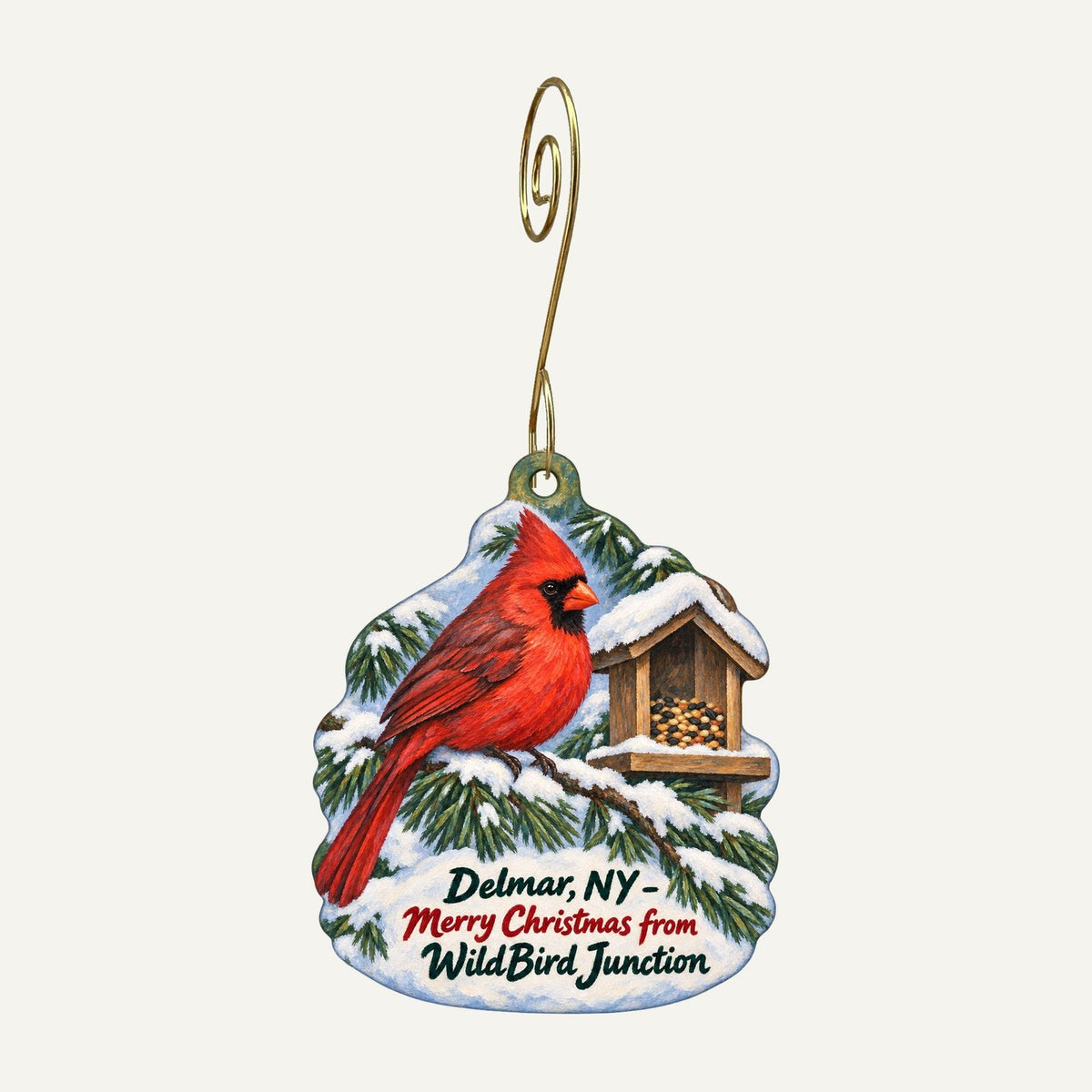 WildBird Junction - The Backyard Nature Shoppe Christmas custom wood ornament OC1413 hanging on hook