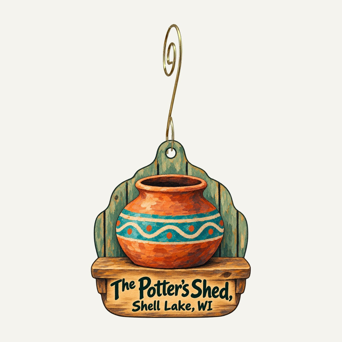The Potter's Shed Logo custom wood ornament OC1421 hanging on hook