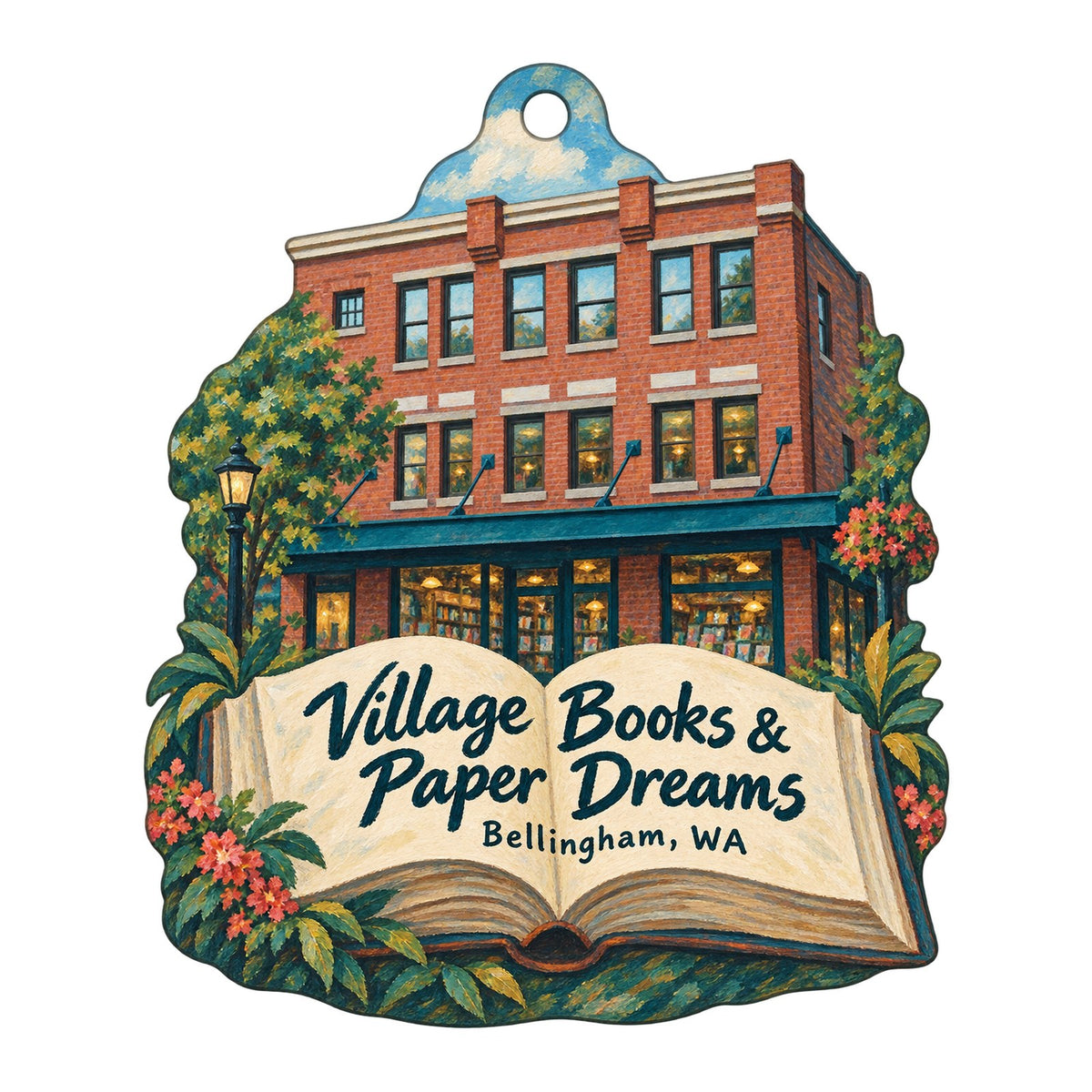 Village Books and Paper Dreams Logo custom wood ornament OC143 on white