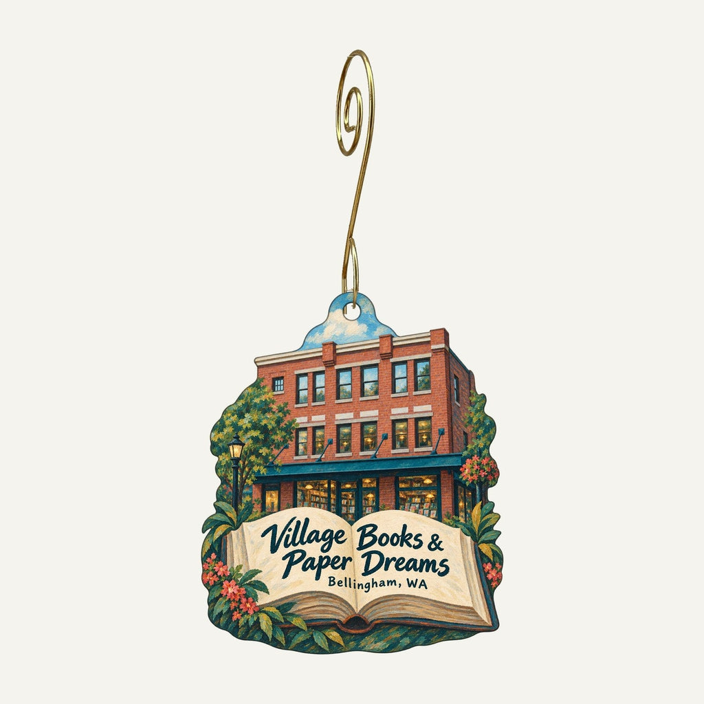 Village Books and Paper Dreams Logo custom wood ornament OC143 hanging on hook