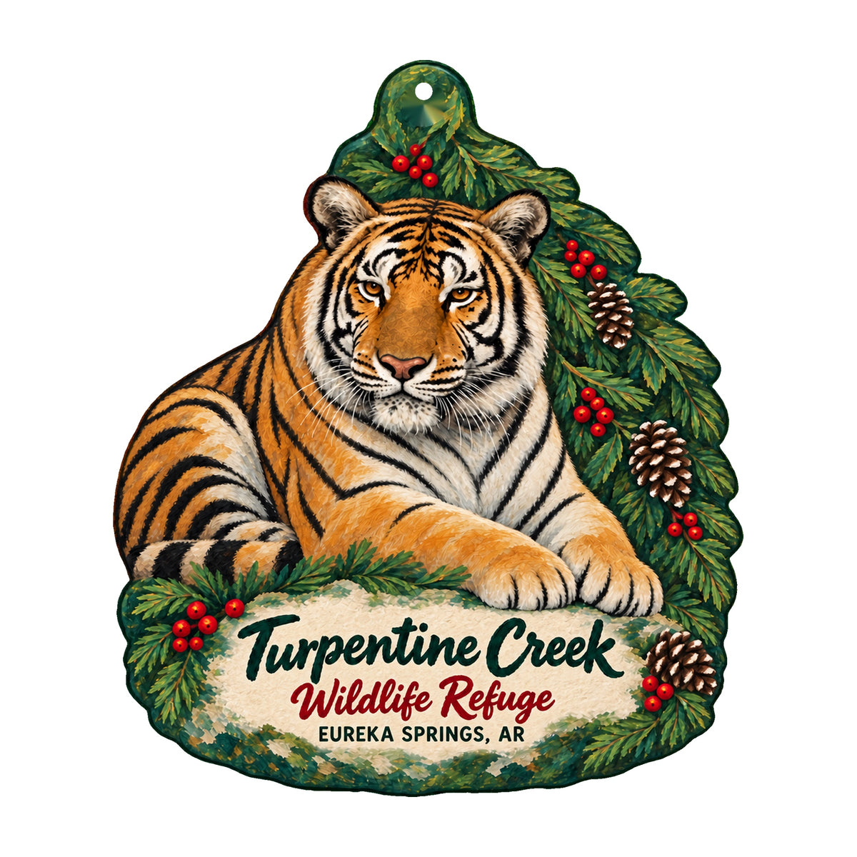 Turpentine Creek Wildlife Refuge evergreen tiger ornament OC1443 with revised Wildlife Refuge wording, front view