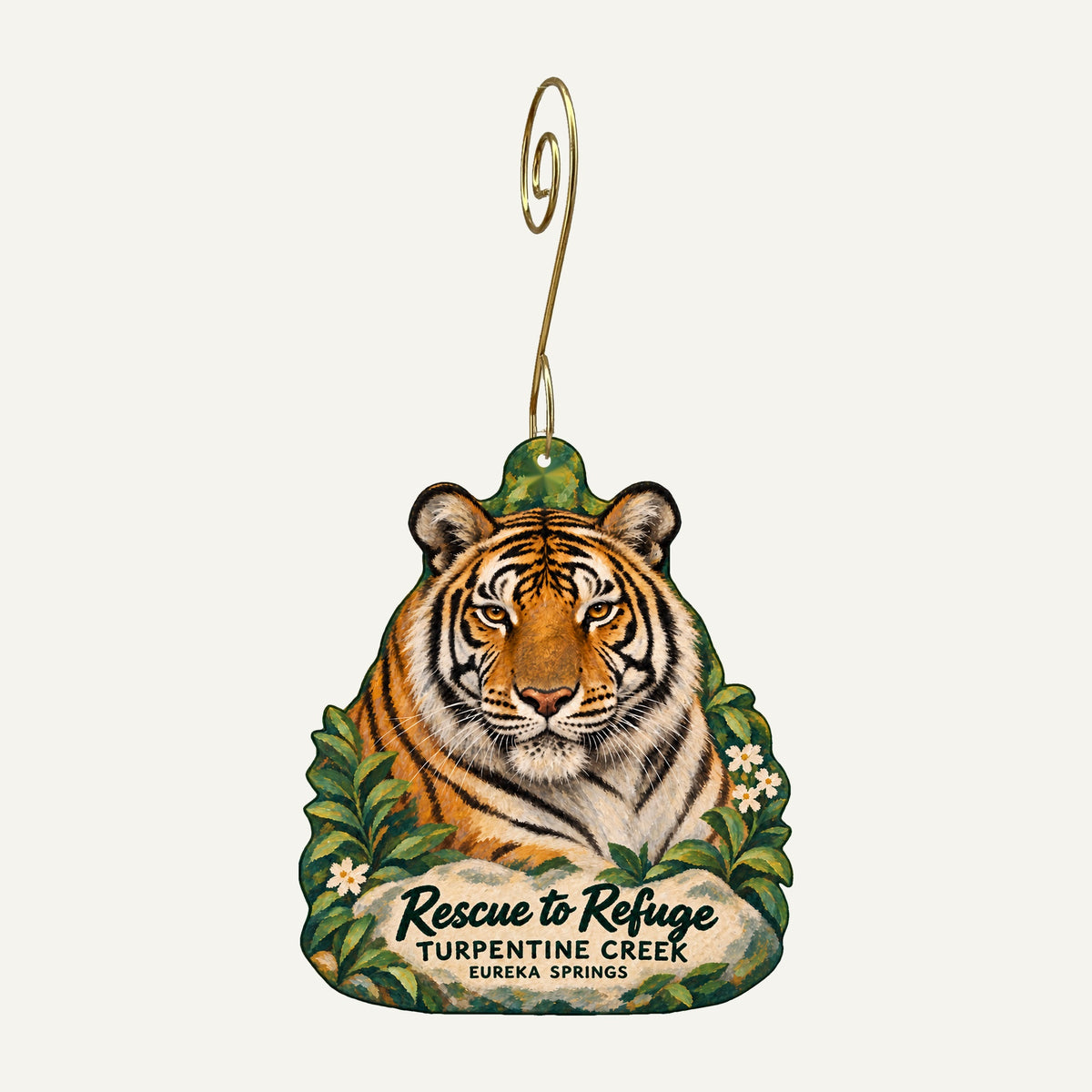 Rescue to Refuge tiger portrait custom wood ornament OC1444 for Turpentine Creek Wildlife Refuge, hanging from a gold hook