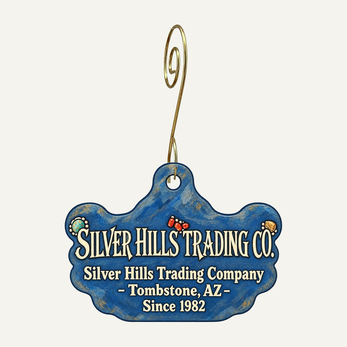 Silver Hills Trading Company Logo custom wood ornament OC1451 hanging on hook