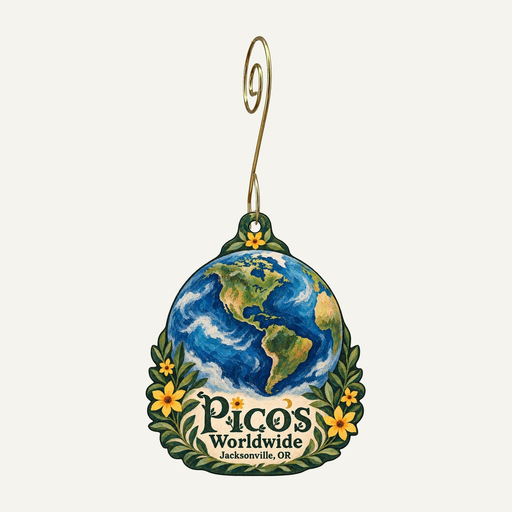 Pico's Worldwide Logo custom wood ornament OC1457 hanging on hook