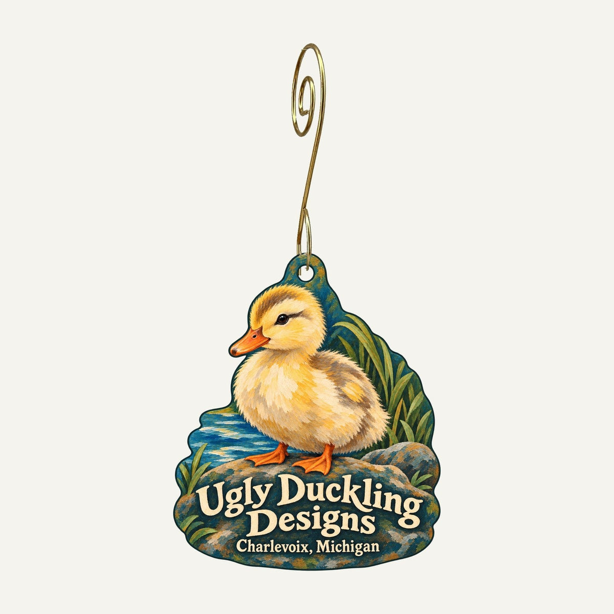 Ugly Duckling Designs, LLC Logo custom wood ornament OC1460 hanging on hook