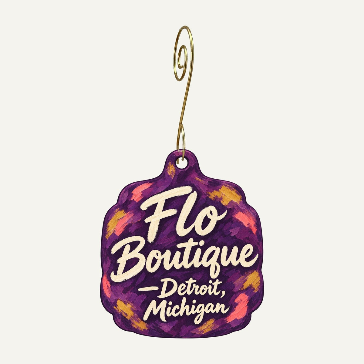Flo Boutique Logo custom wood ornament OC1469 hanging on hook