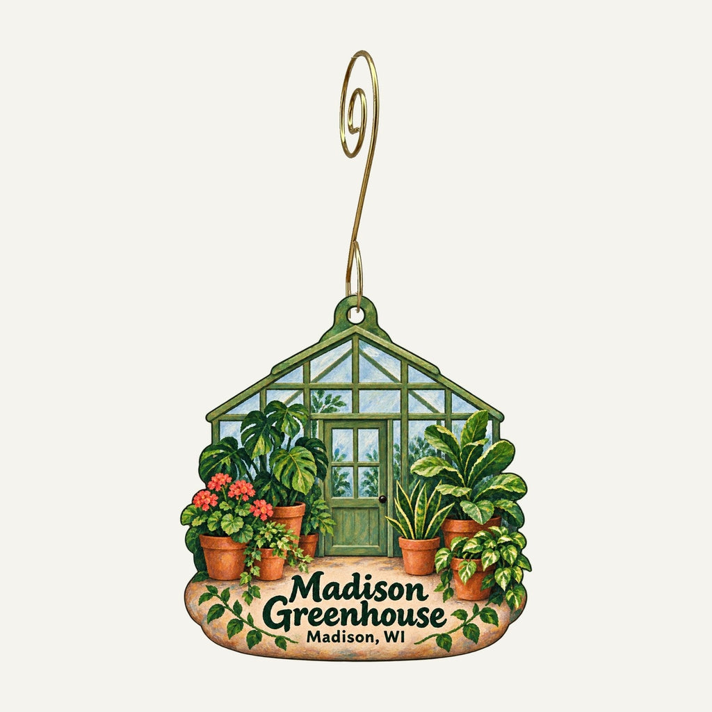 Madison Greenhouse Logo custom wood ornament OC1478 hanging on hook