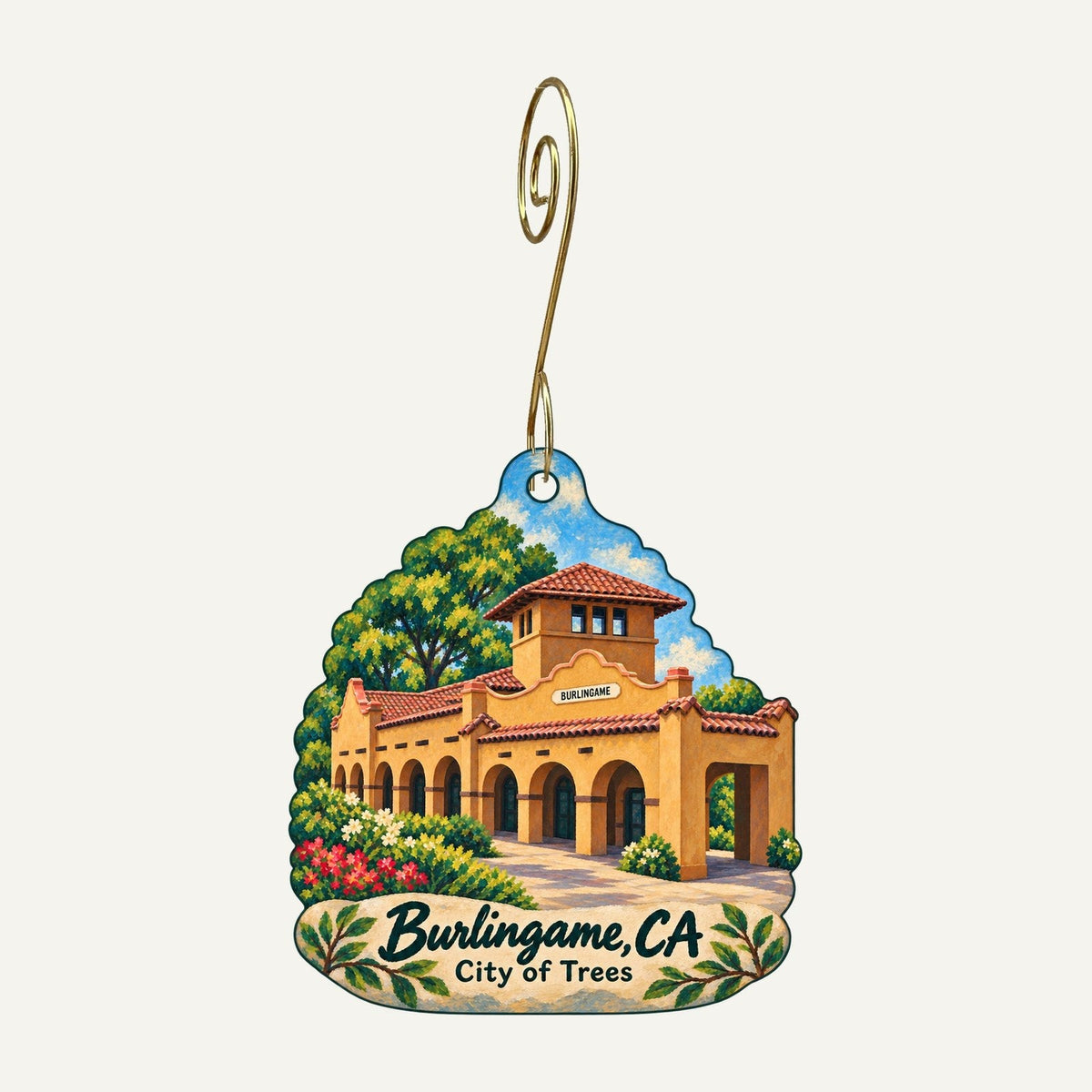 Mills-Peninsula Gift Shop Town Icon custom wood ornament OC1489 hanging on hook