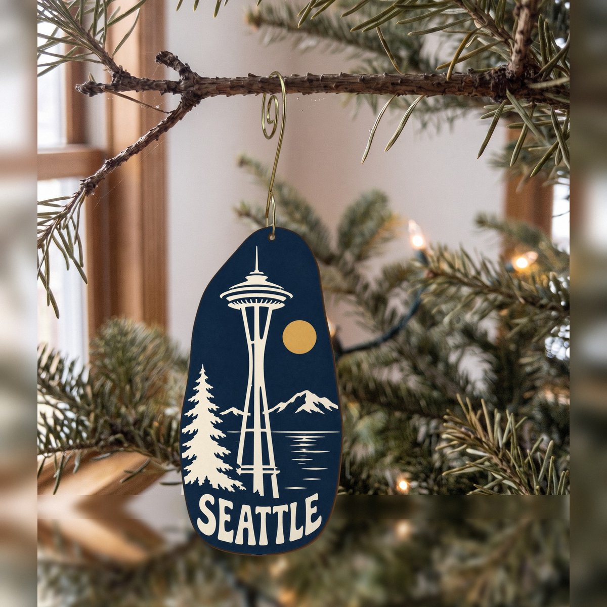 WA Seattle Negative-Space Silhouette Custom Wood Ornament (OC14)