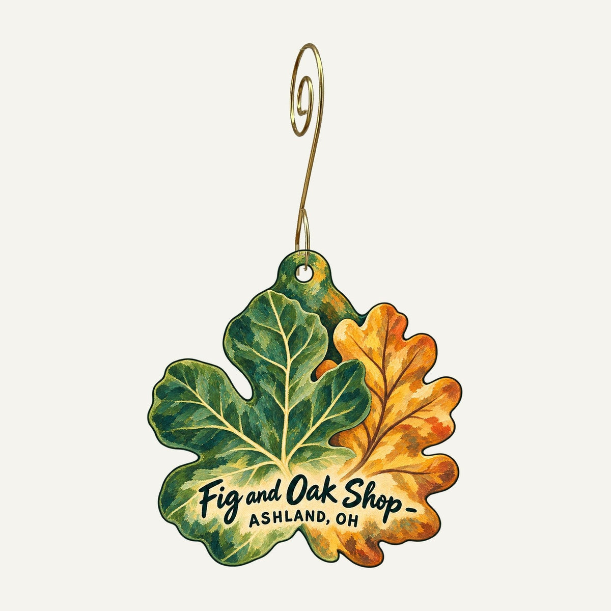 Fig and Oak Shop Logo custom wood ornament OC1511 hanging on hook