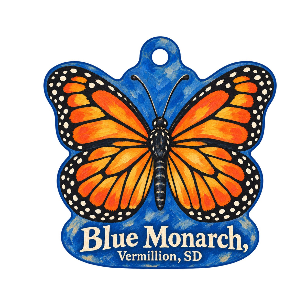 Blue Monarch Logo custom wood ornament OC1520 on white