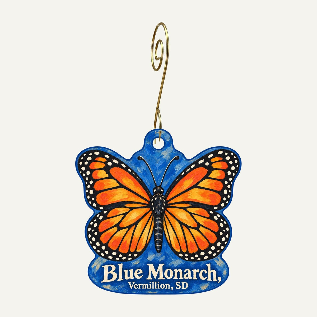 Blue Monarch Logo custom wood ornament OC1520 hanging on hook
