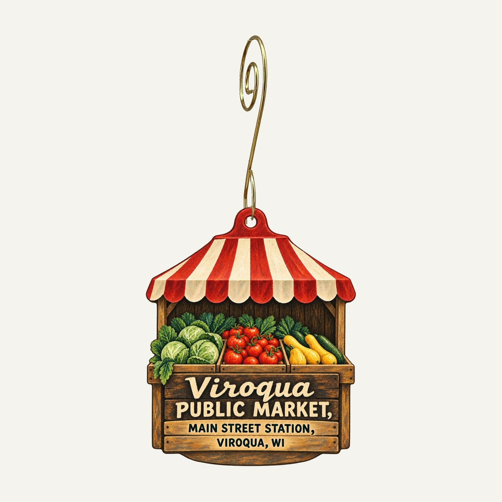 Viroqua Public Market - Main Street Station Logo custom wood ornament OC1523 hanging on hook