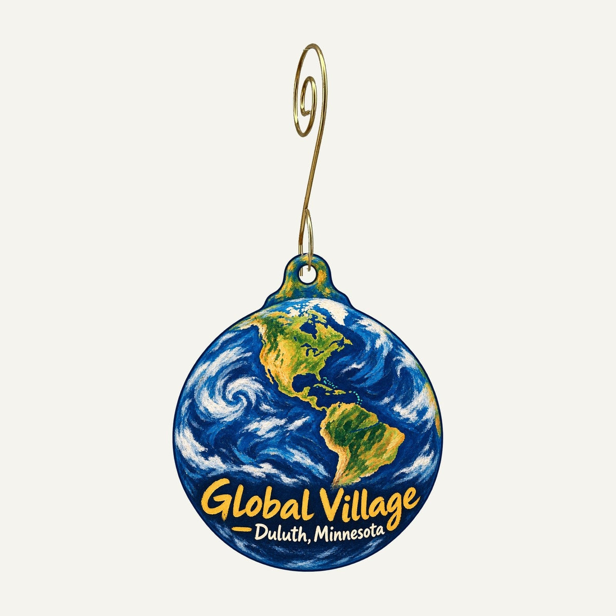 Global Village MN Logo custom wood ornament OC1535 hanging on hook