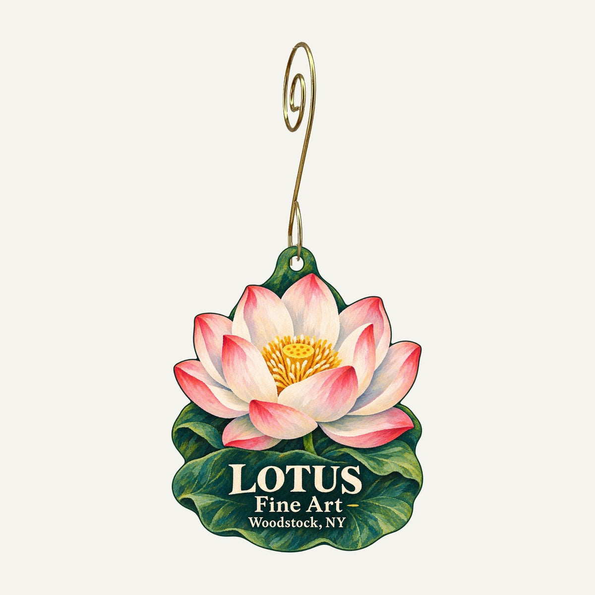 Lotus Fine Art Logo custom wood ornament OC1544 hanging on hook