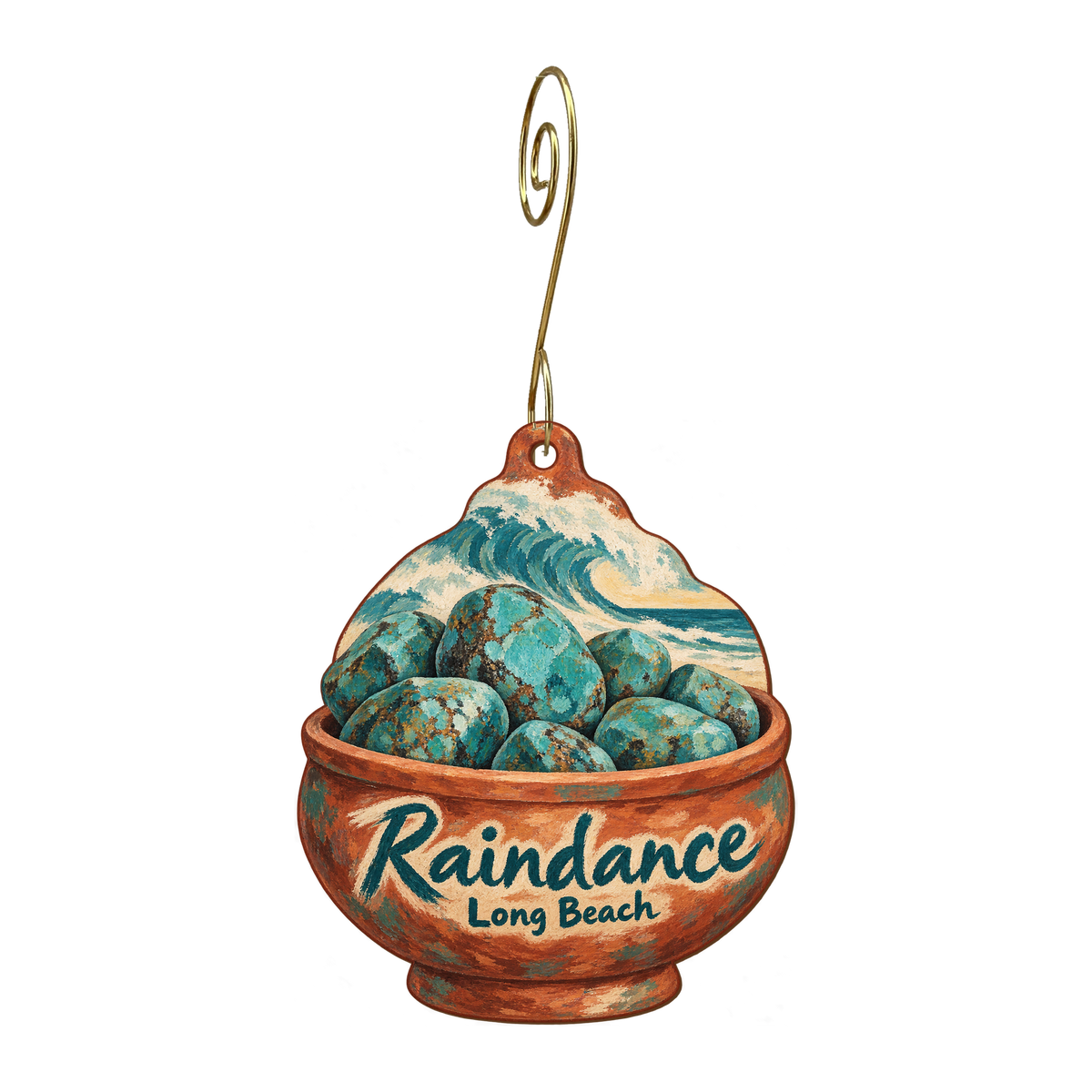 Raindance — Store identity custom wood ornament OC1562, photographic gold spiral hook