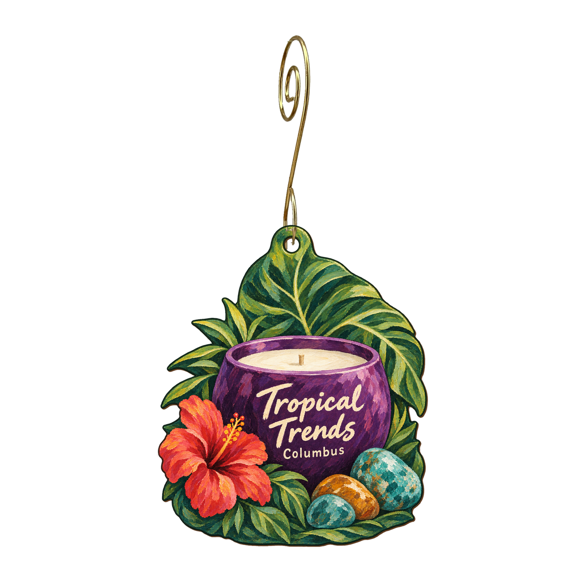 Tropical Trends — Store identity custom wood ornament OC1565, photographic gold spiral hook
