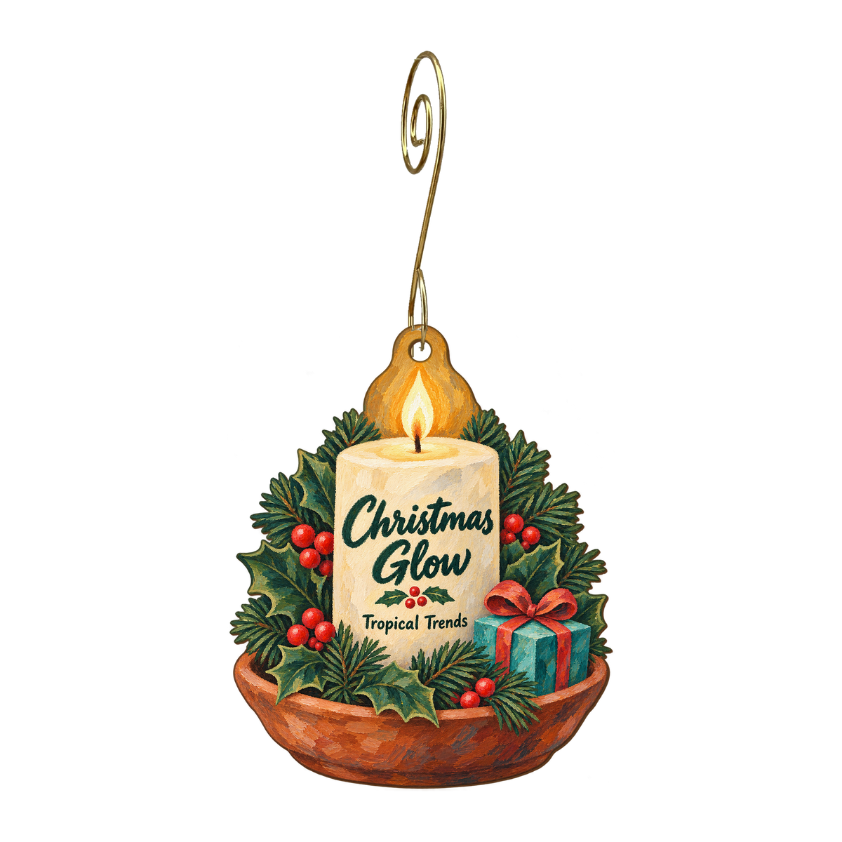 Tropical Trends — Christmas custom wood ornament OC1566, photographic gold spiral hook