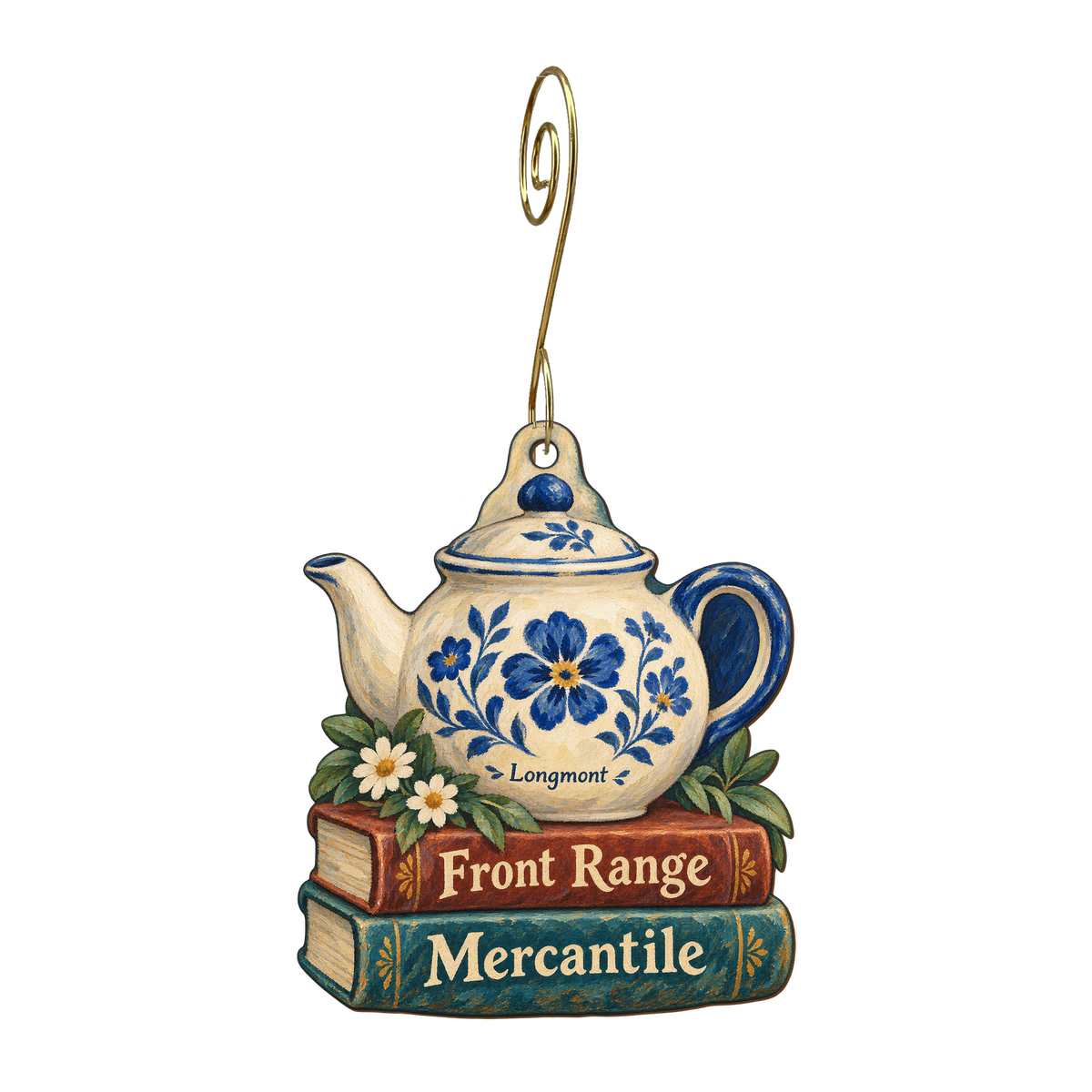 Front Range Mercantile — Store identity custom wood ornament OC1568, photographic gold spiral hook