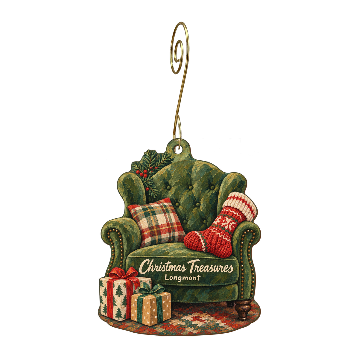 Front Range Mercantile — Christmas custom wood ornament OC1569, photographic gold spiral hook