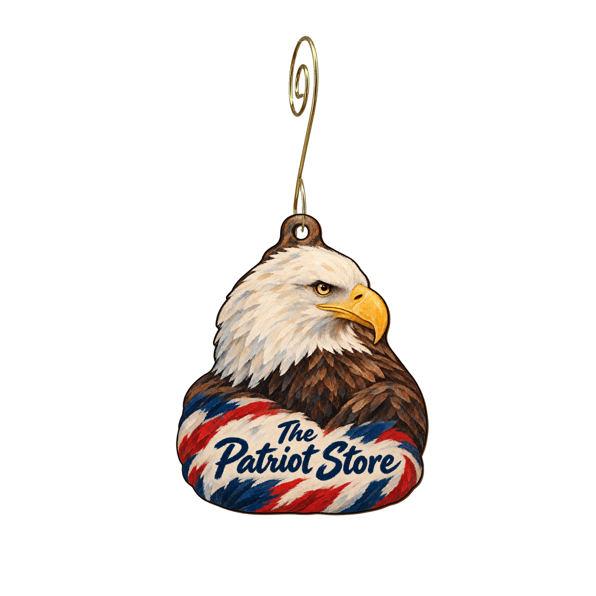Patriot Store — Store identity custom wood ornament OC1571, photographic gold spiral hook