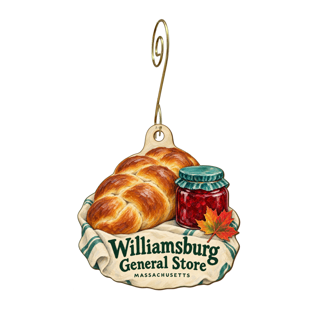 Williamsburg General Store — Store identity custom wood ornament OC1574, photographic gold spiral hook