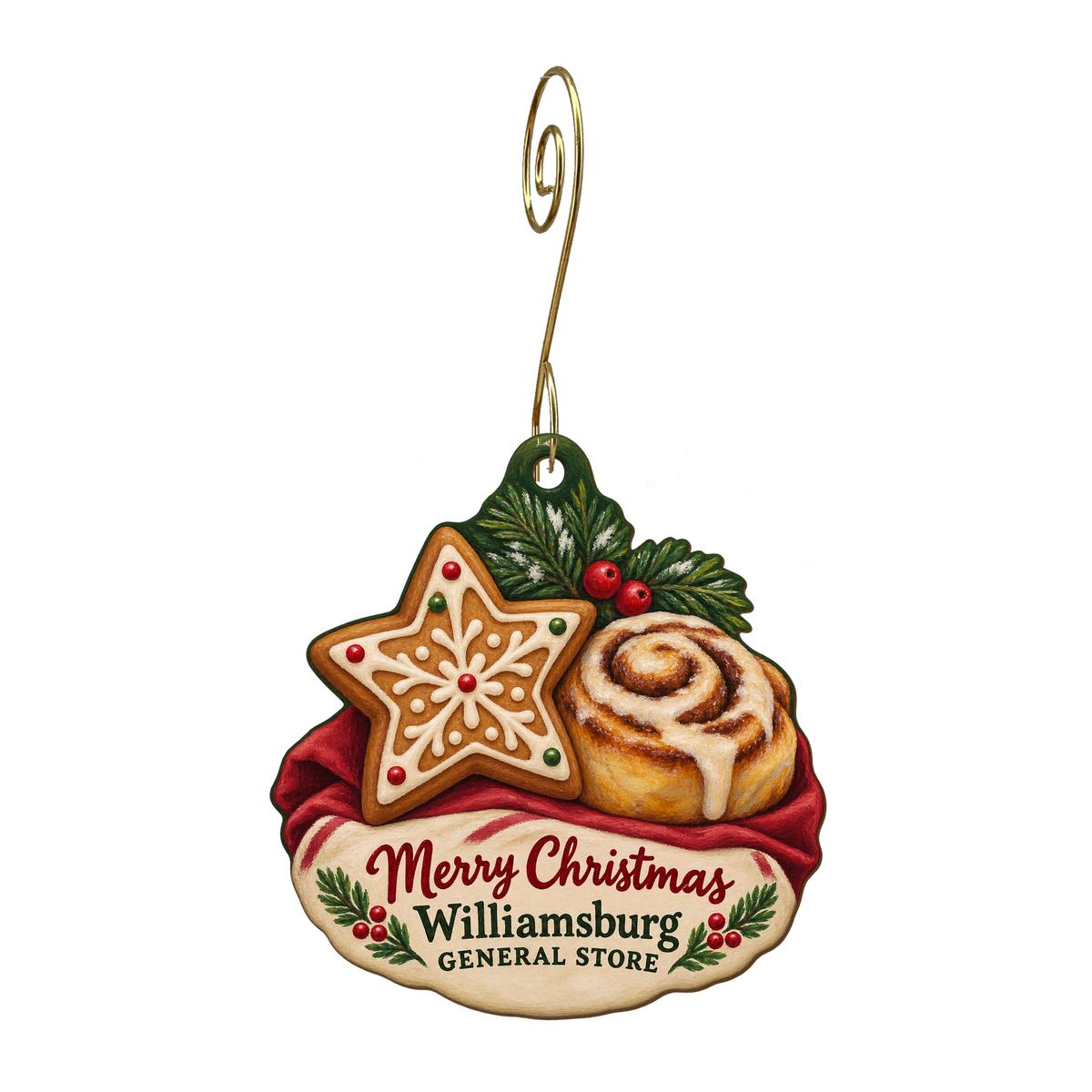 Williamsburg General Store — Christmas custom wood ornament OC1575, photographic gold spiral hook