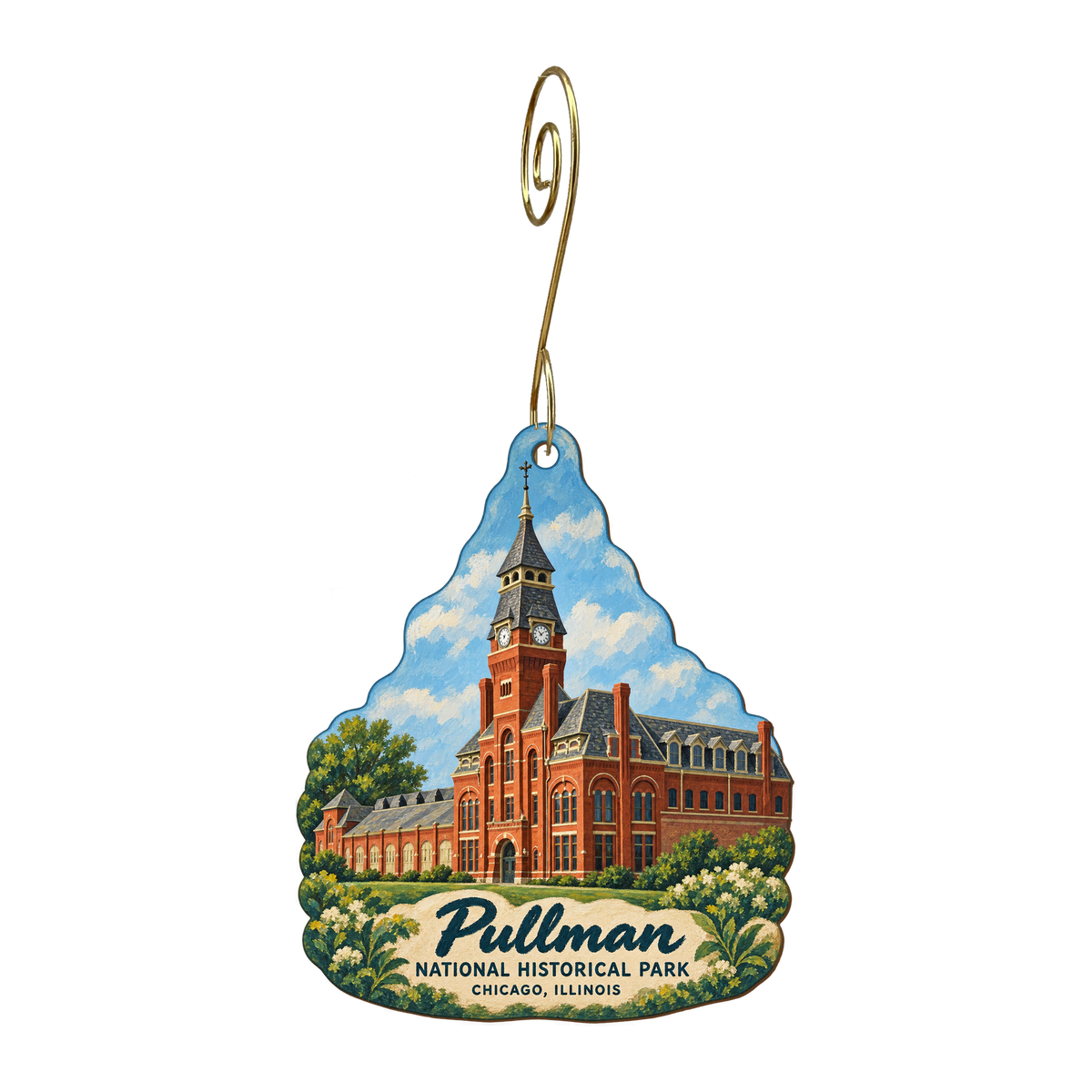 EN Pullman National — Store identity custom wood ornament OC1577, photographic gold spiral hook