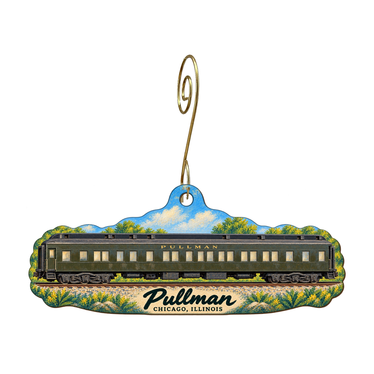 EN Pullman National — Local inspiration custom wood ornament OC1579, photographic gold spiral hook