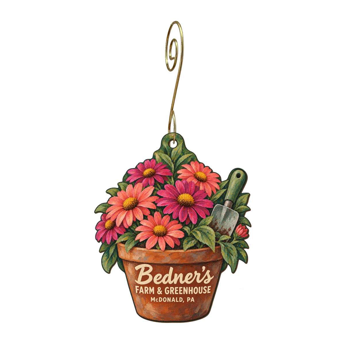 Bedner's Farm and Greenhouse — Store identity custom wood ornament OC1580, photographic gold spiral hook